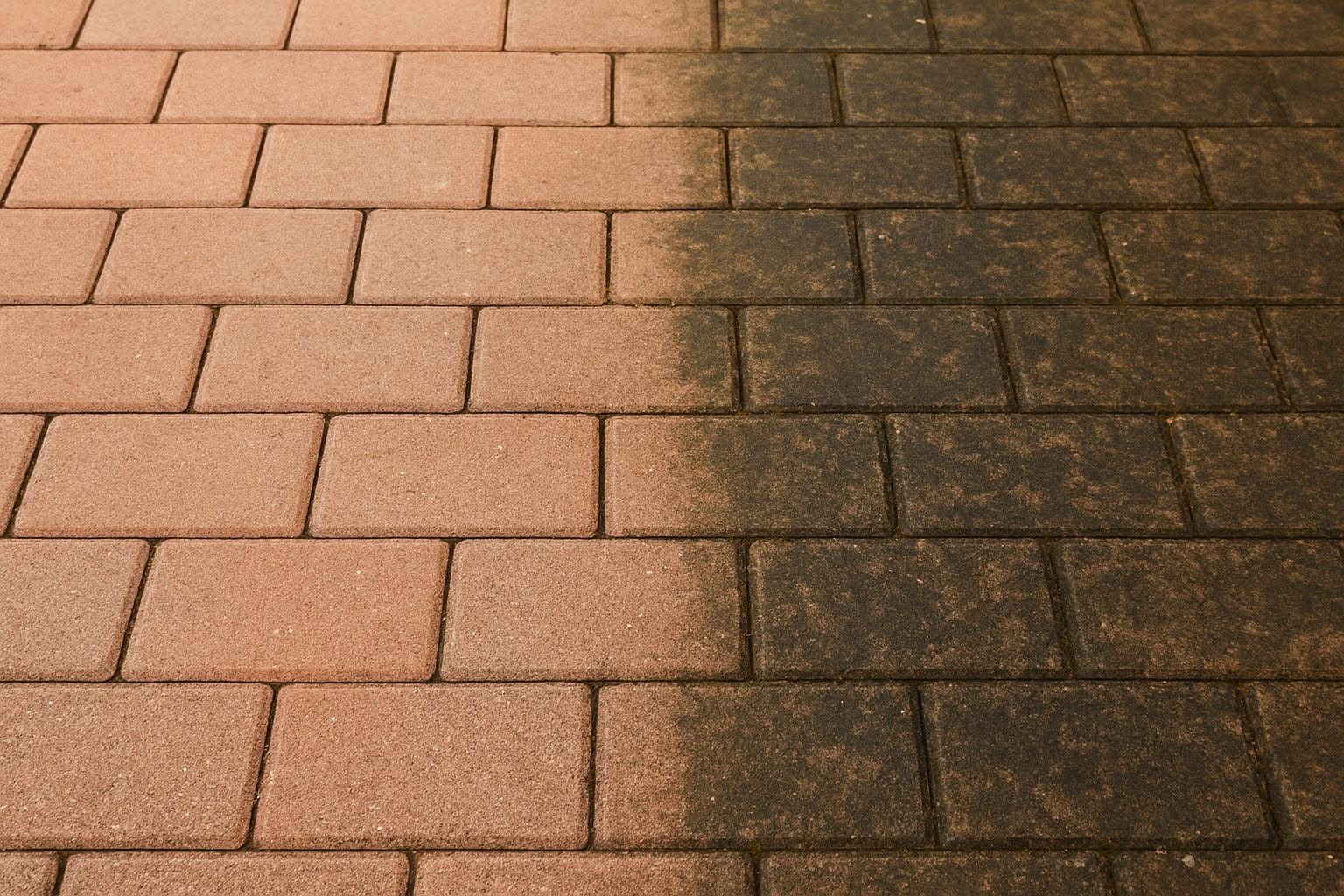 Kostka brukowa w połowie umyta ciśnieniowo – widoczna różnica przed i po