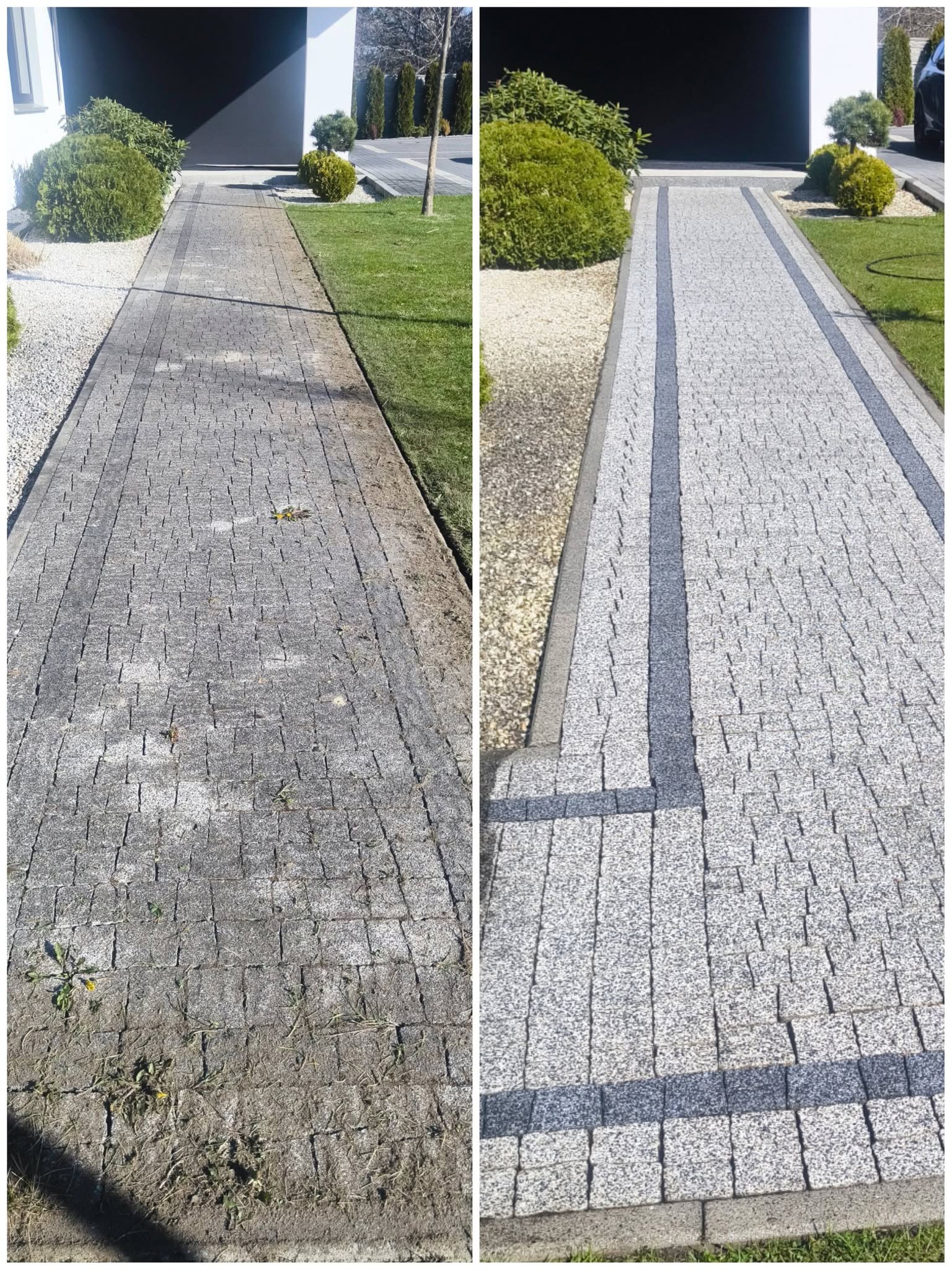 Chodnik z kostki – porównanie przed i po myciu ciśnieniowym